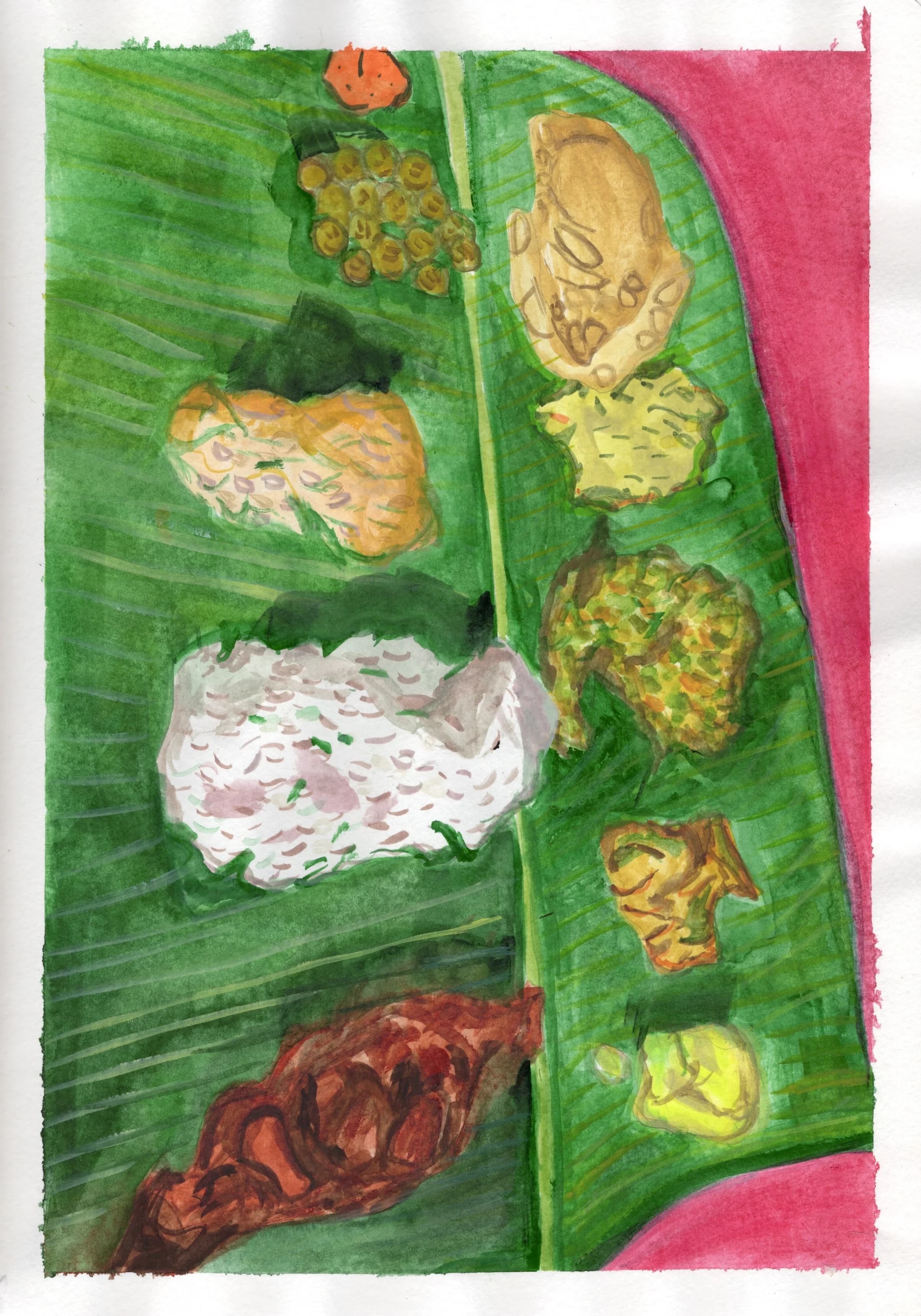 Hand-painted watercolor of a Kerala banana leaf meal with rice, curries, and accompaniments