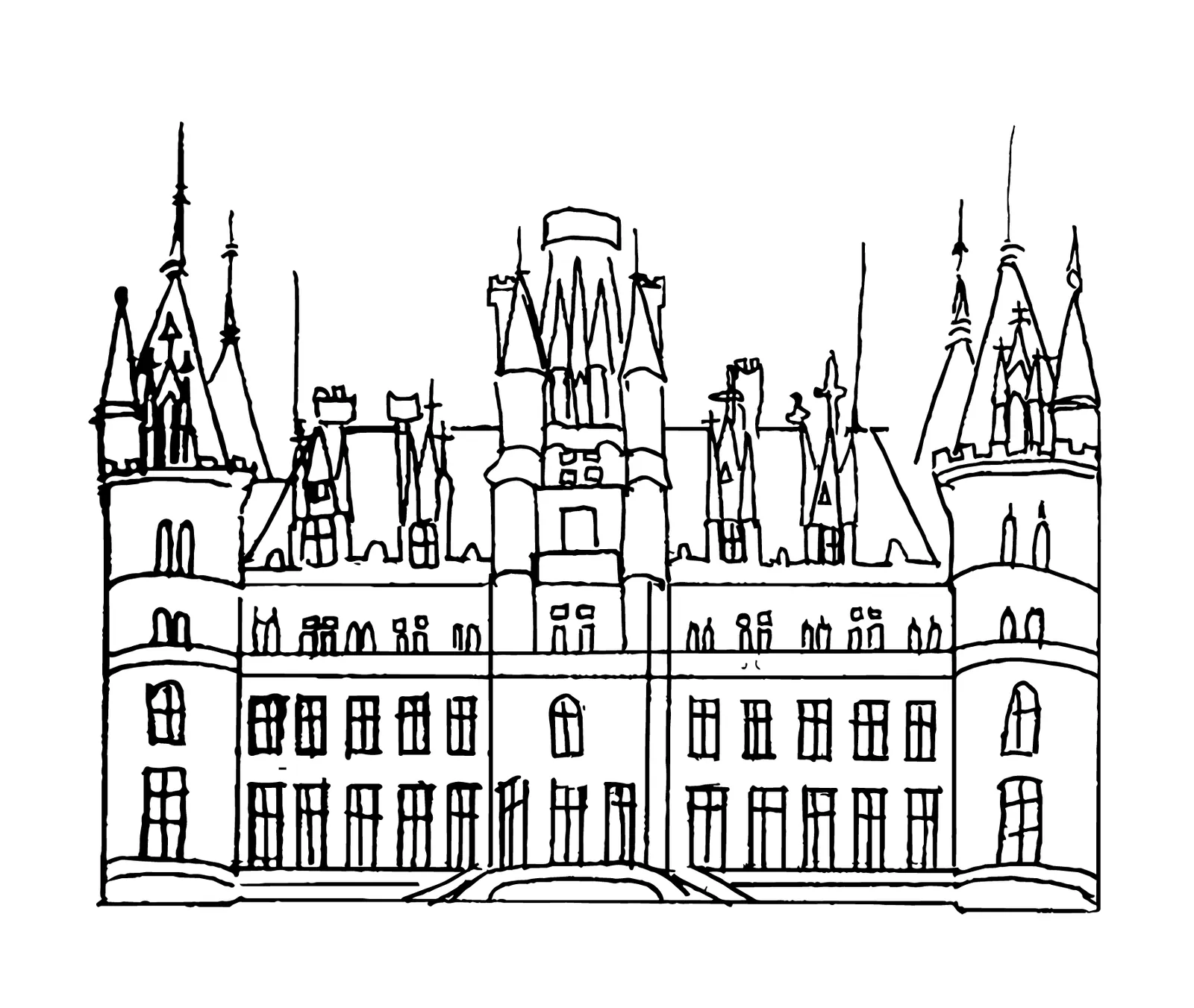Hand-drawn line illustration of a French château with spires, towers, and rows of windows