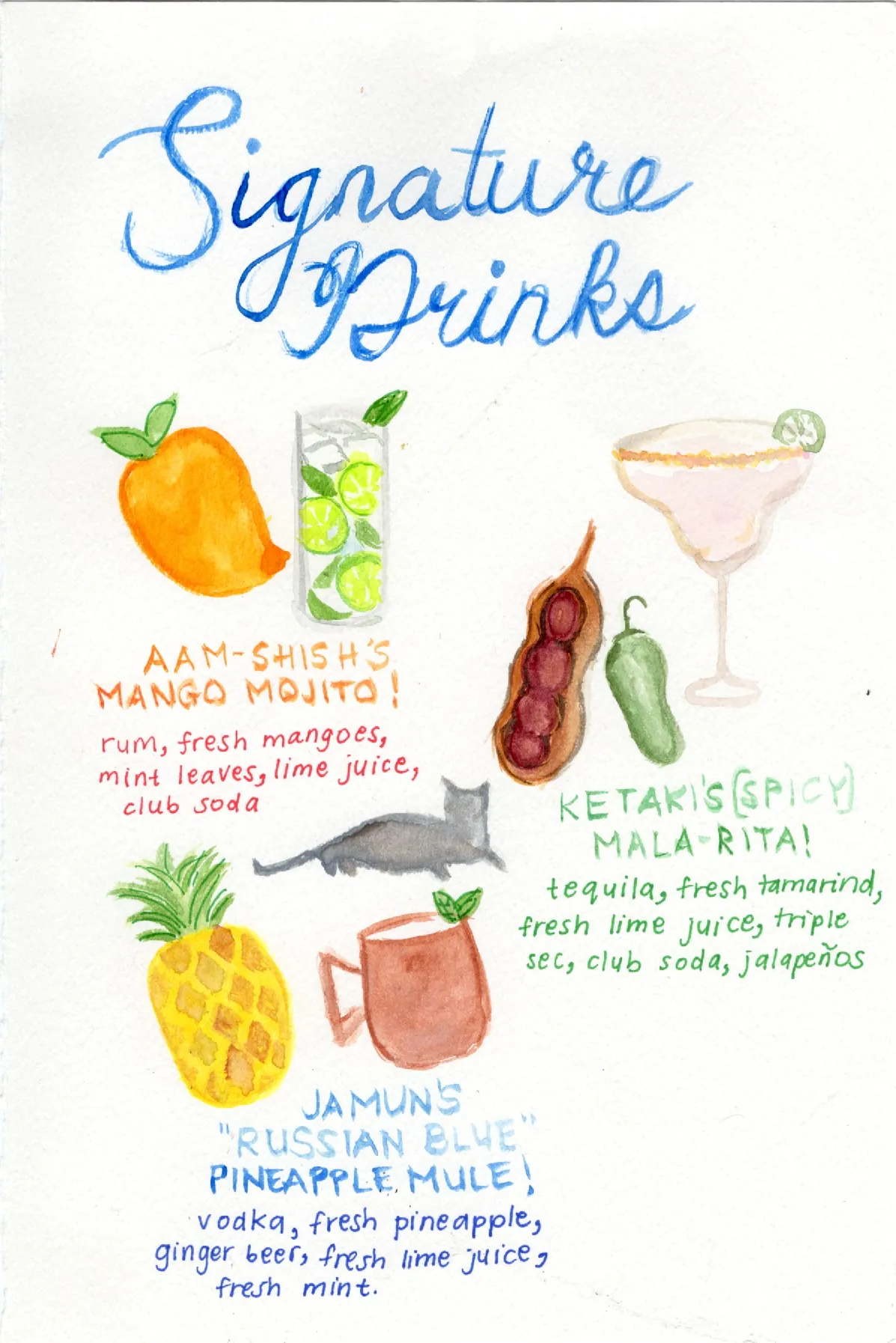 Hand-painted signature drinks menu illustration featuring a mango mojito, mala-rita, and pineapple mule