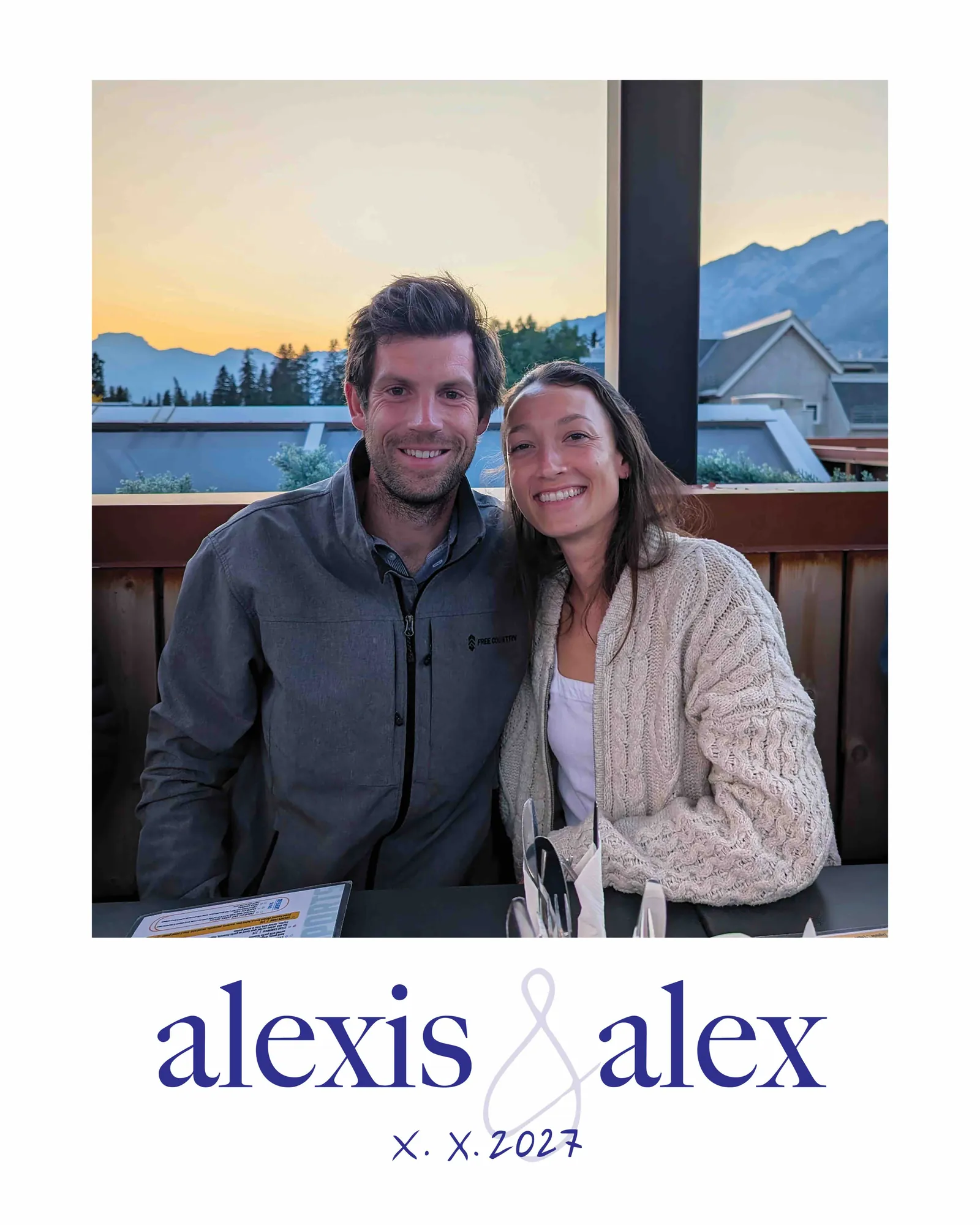 Front of a save the date card featuring Alexis and Alex smiling at a sunset patio