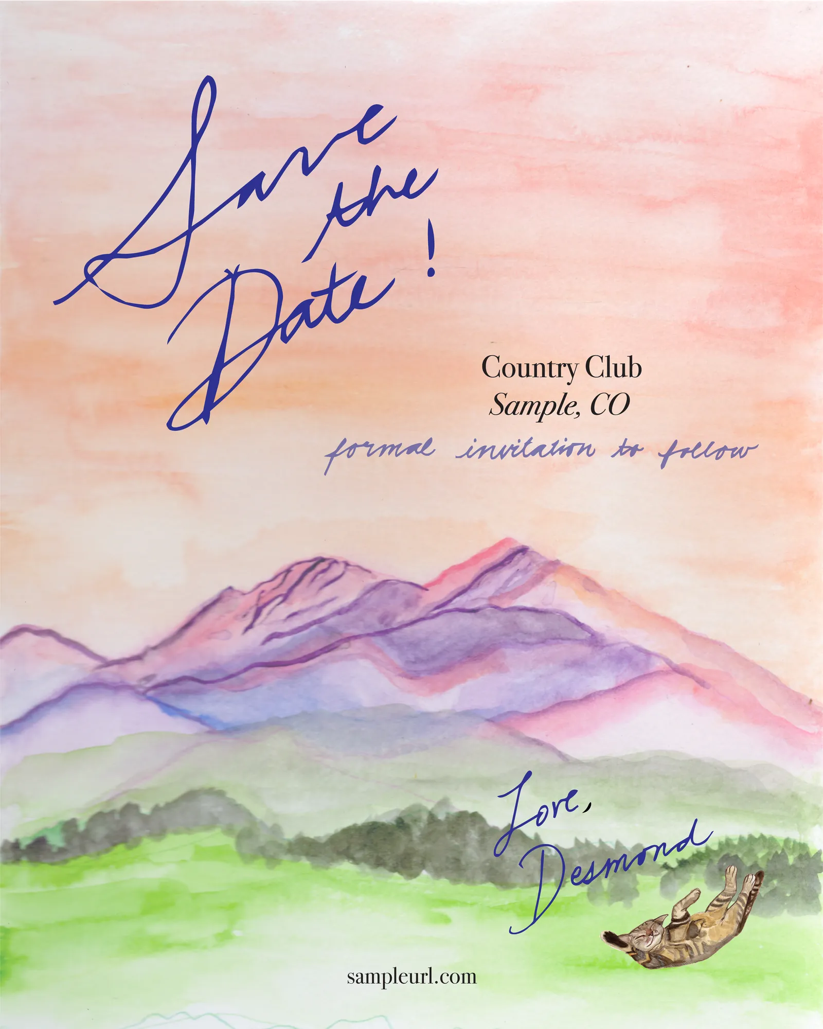 Back of a watercolor save the date card featuring a mountain landscape at sunset