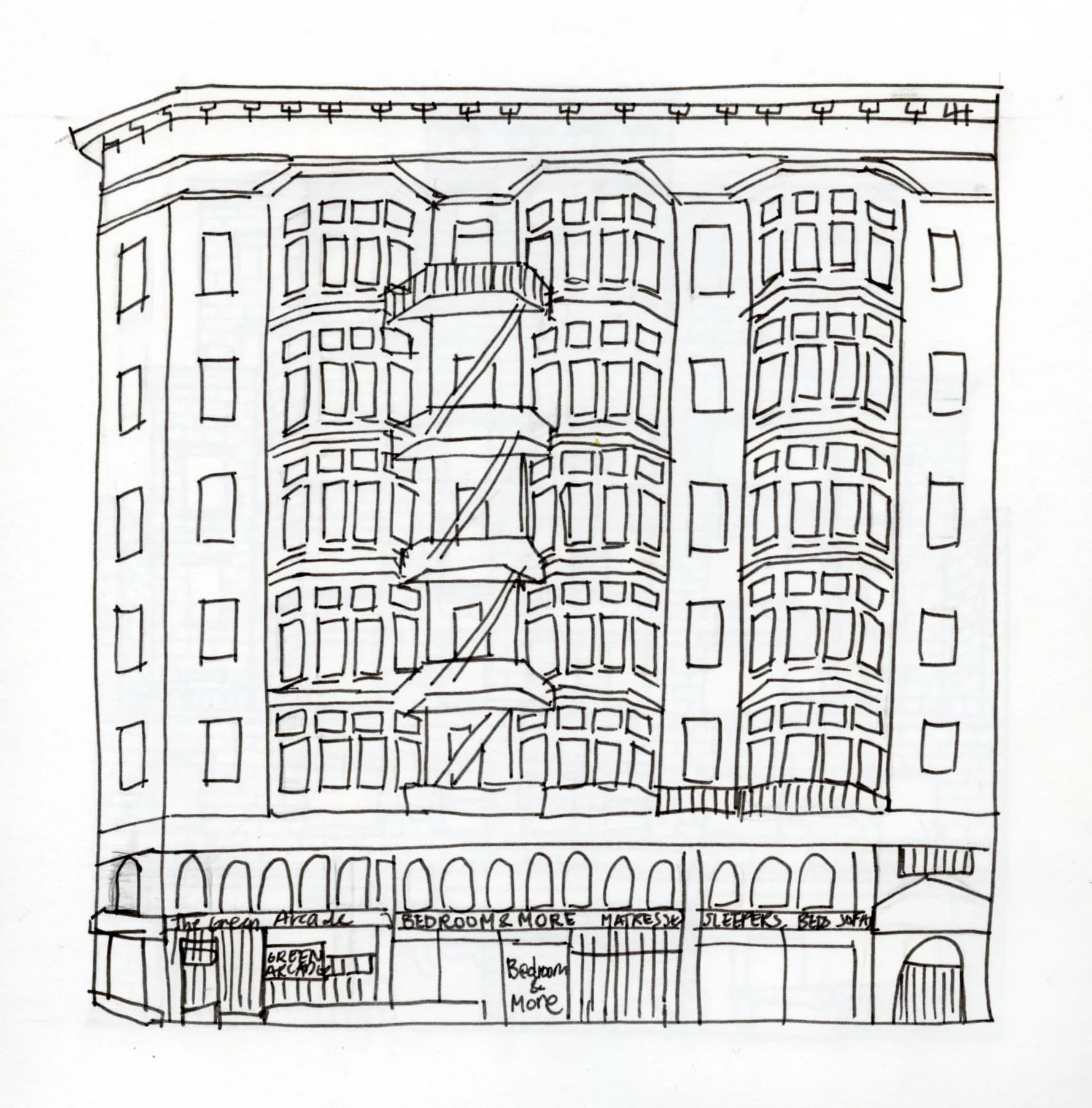 Hand-drawn ink illustration of a San Francisco apartment building with bay windows, a fire escape, and ground-floor shops