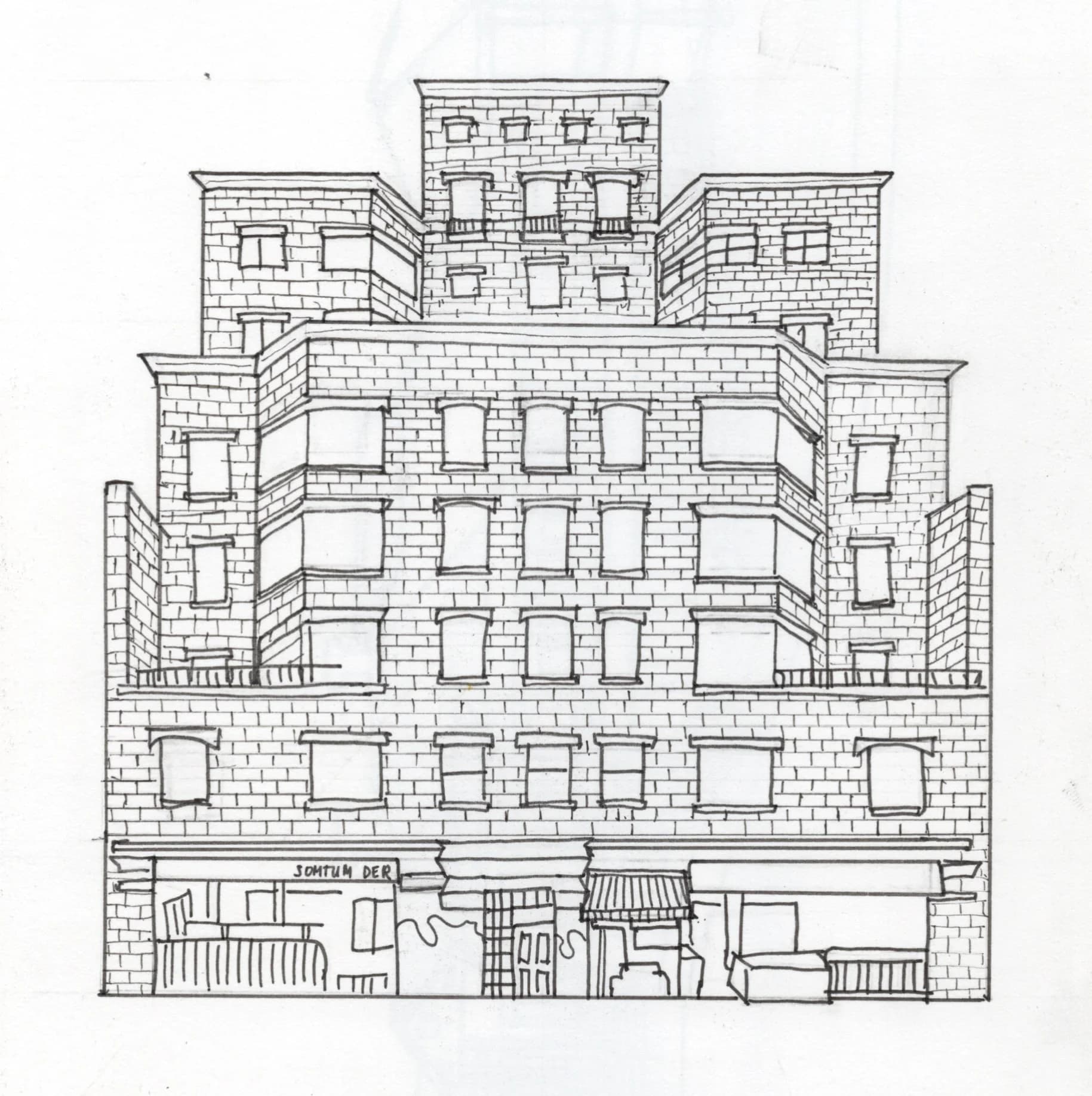 Hand-drawn ink illustration of a brick apartment building with rows of windows above ground-floor storefronts