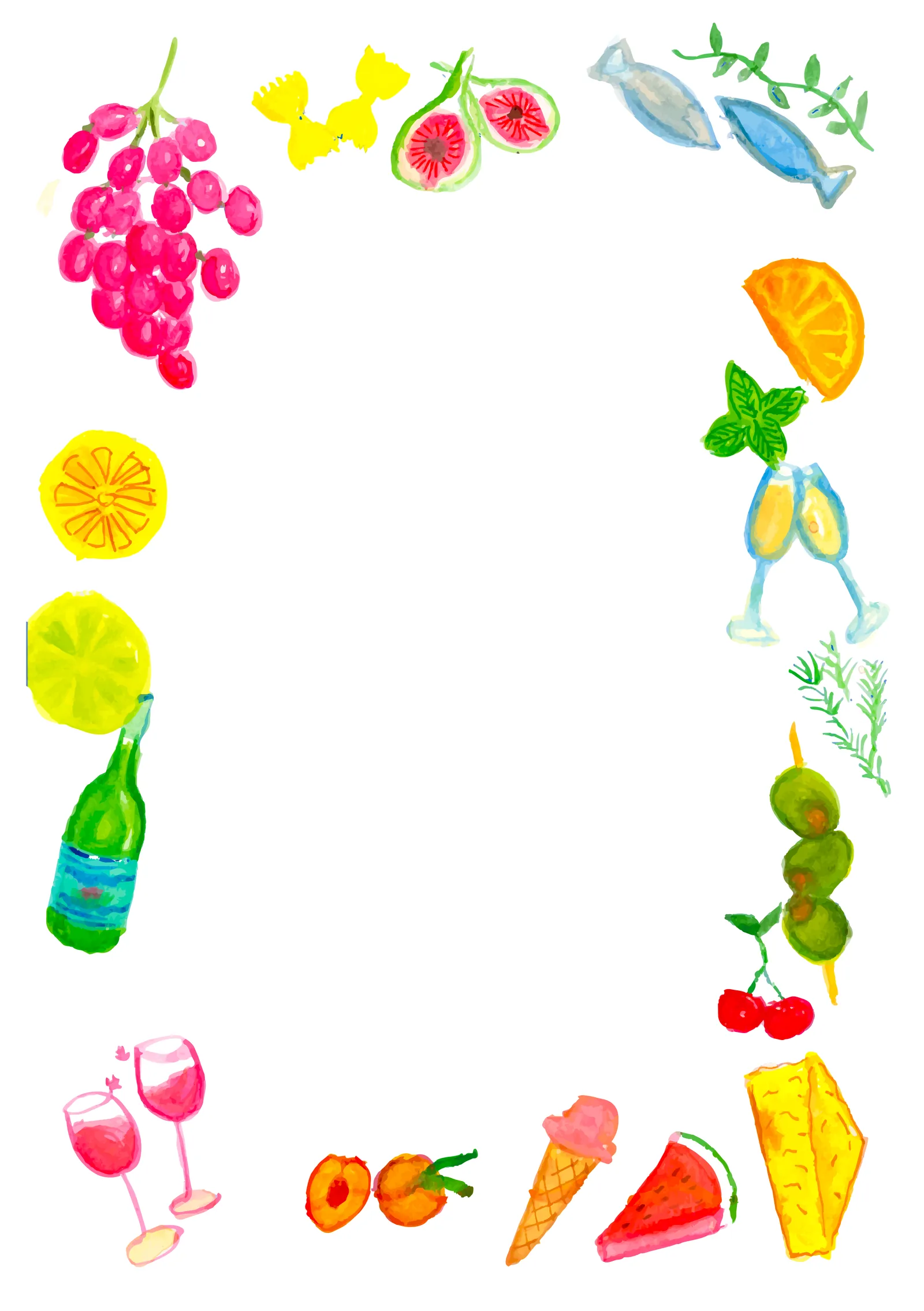 Hand-painted watercolor border of grapes, figs, wine glasses, cheese, and citrus framing an empty center